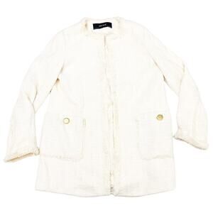 Zara Cream Fringed Hem Tweed Woven Blazer Gold Buttons Cream Size M